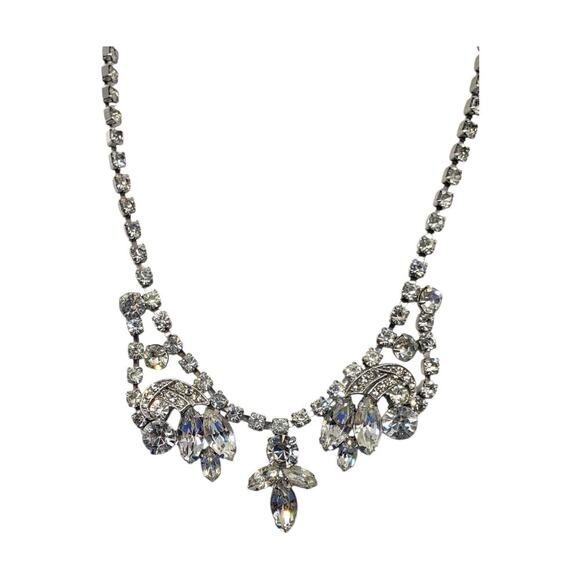Vintage Necklace Clear Rhinestone Silver Toned Fancy 1950s Kramer Weiss Style - Picture 10 of 11